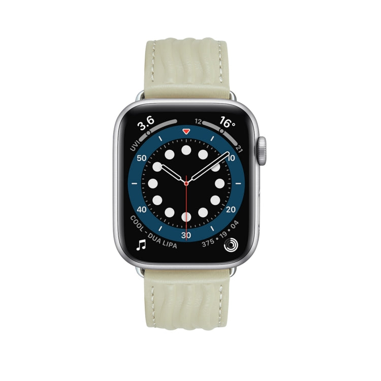 Embossed Line Genuine Leather Watch Band For Apple Watch 6 44mm(Milky White)
