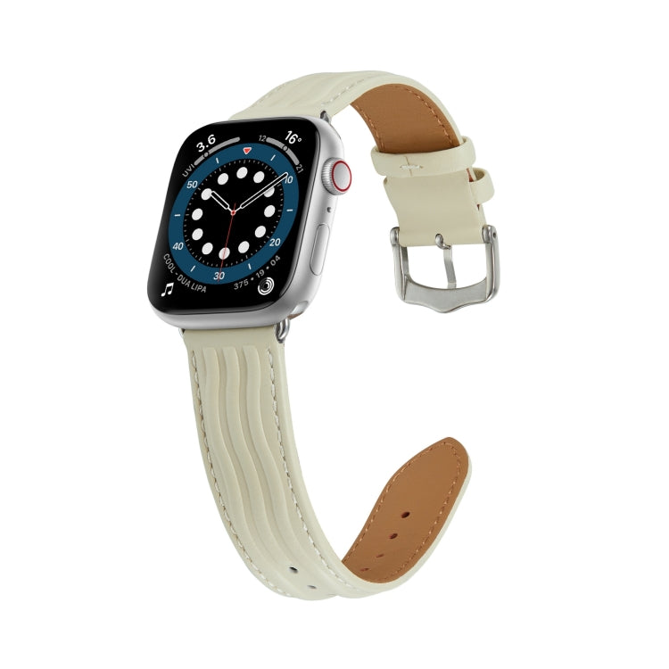 Embossed Line Genuine Leather Watch Band For Apple Watch 6 44mm(Milky White)