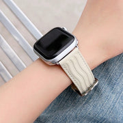Embossed Line Genuine Leather Watch Band For Apple Watch 6 44mm(Milky White)
