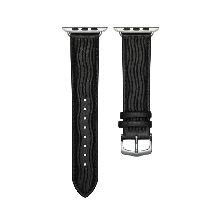 Embossed Line Genuine Leather Watch Band For Apple Watch 9 45mm(Black)