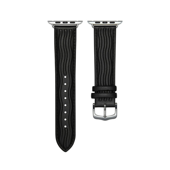Embossed Line Genuine Leather Watch Band For Apple Watch 9 45mm(Black)