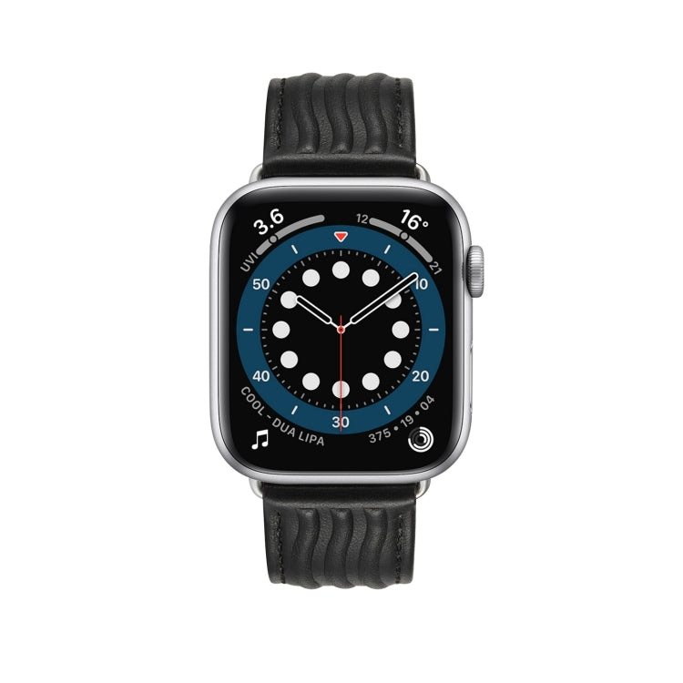 Embossed Line Genuine Leather Watch Band For Apple Watch 9 45mm(Black)