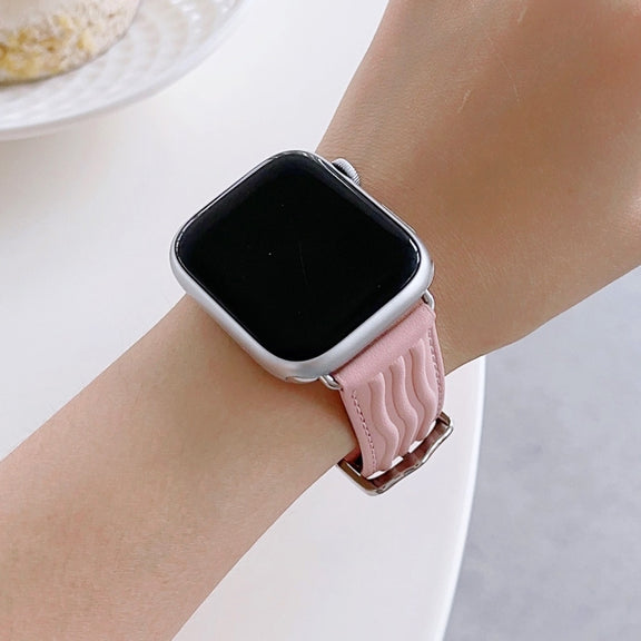 Embossed Line Genuine Leather Watch Band For Apple Watch 9 45mm(Pink)
