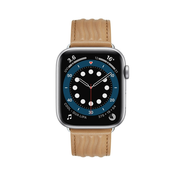 Embossed Line Genuine Leather Watch Band For Apple Watch 9 45mm(Khaki)