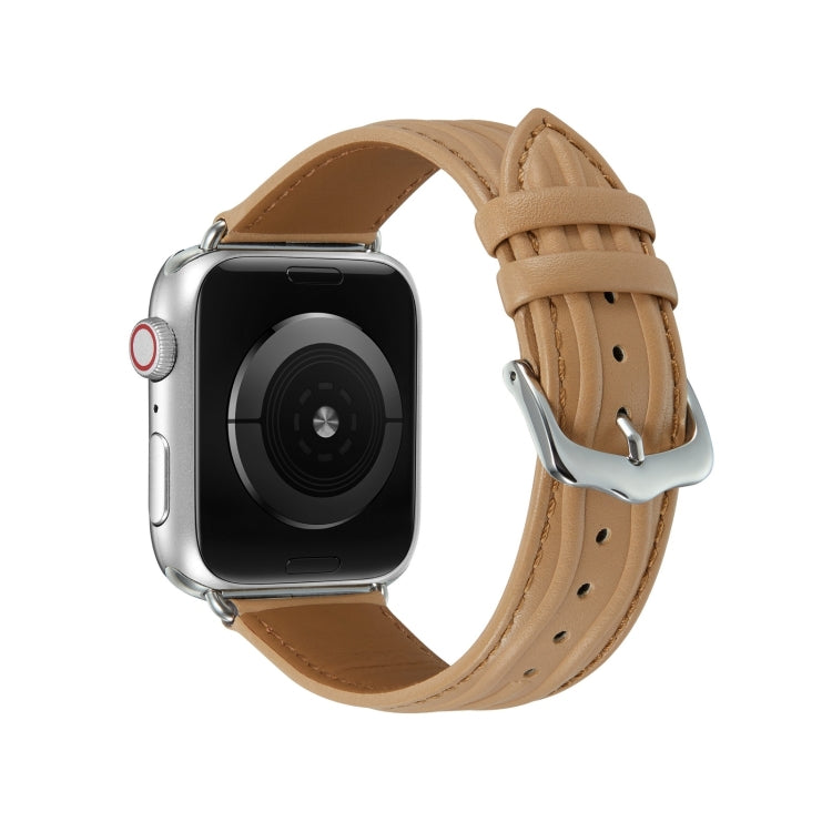 Embossed Line Genuine Leather Watch Band For Apple Watch 9 45mm(Khaki)