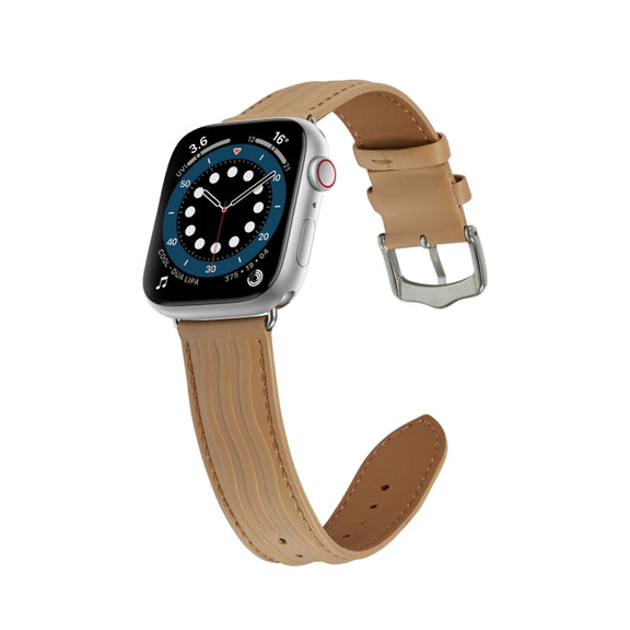 Embossed Line Genuine Leather Watch Band For Apple Watch 9 45mm(Khaki)
