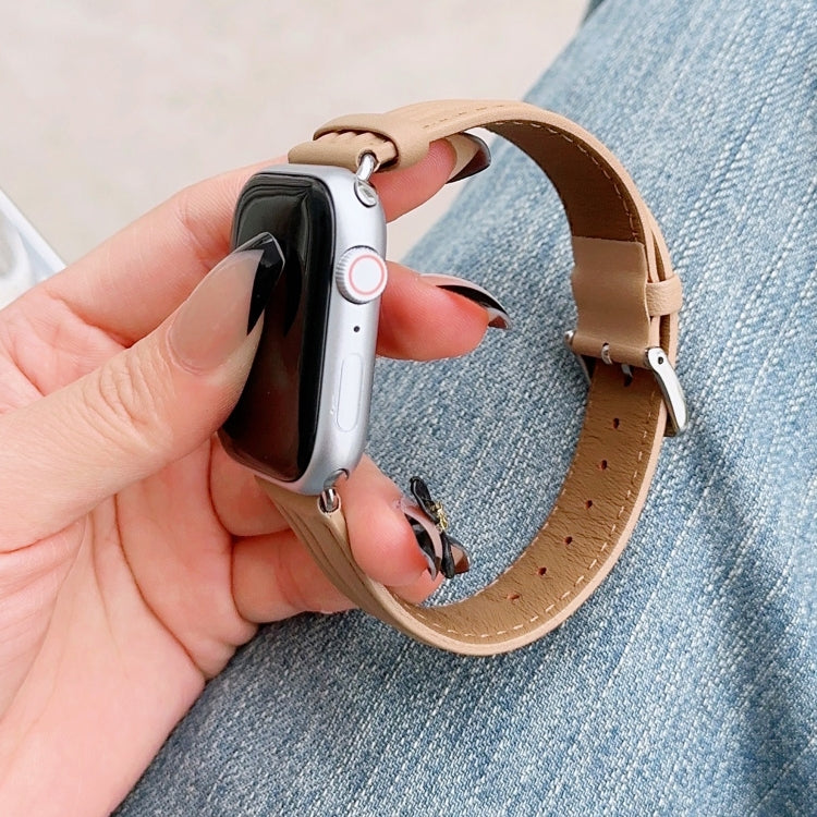 Embossed Line Genuine Leather Watch Band For Apple Watch 9 45mm(Khaki)