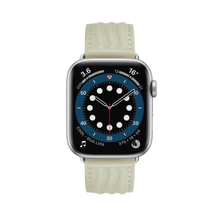 Embossed Line Genuine Leather Watch Band For Apple Watch 9 45mm(Milky White)