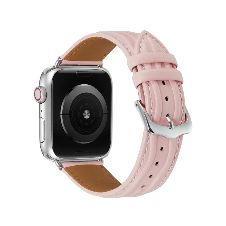 Embossed Line Genuine Leather Watch Band For Apple Watch 9 41mm(Pink)