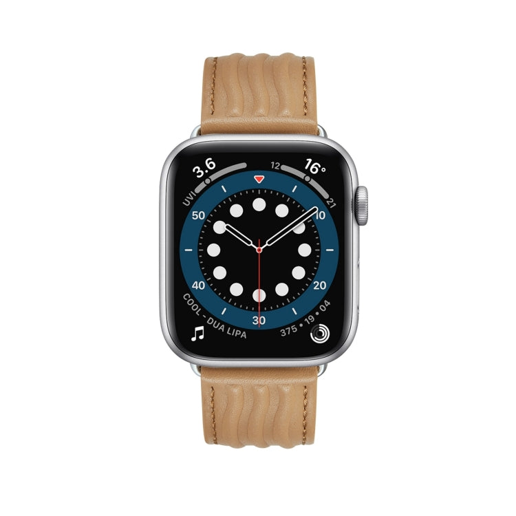 Embossed Line Genuine Leather Watch Band For Apple Watch 9 41mm(Khaki)