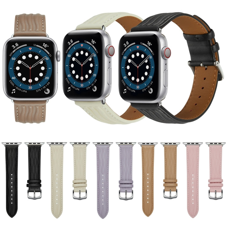 Embossed Line Genuine Leather Watch Band For Apple Watch 9 45mm(Black)