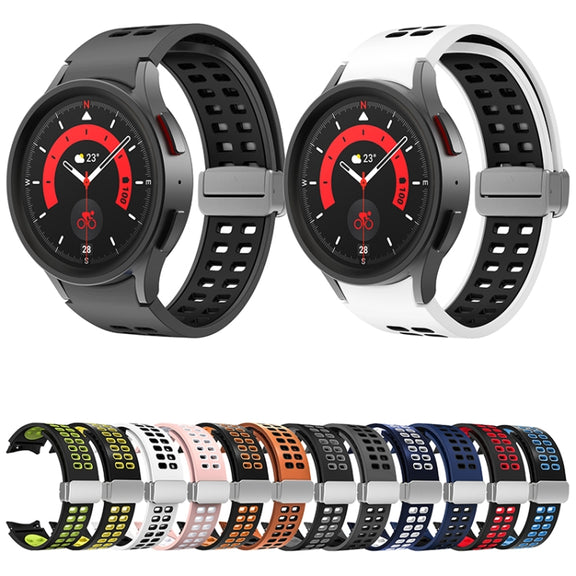 For Samsung Galaxy Watch5 Double-row Hole Folding Buckle Silicone Watch Band(White Black)