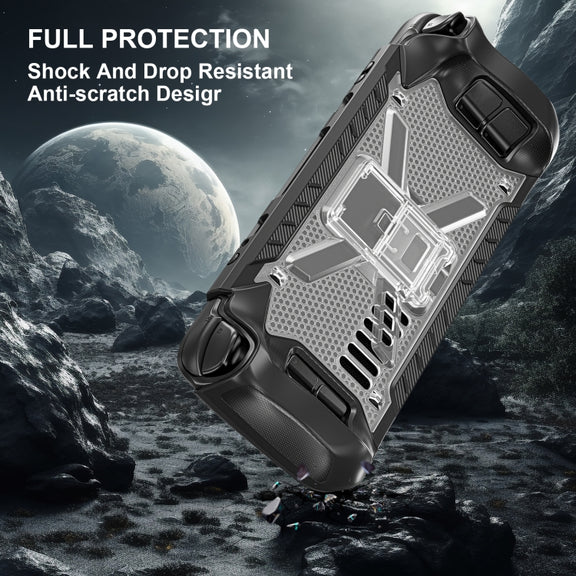 For Steam Deck Shockproof Game Console Case with Holder & Shoulder Strap(Black+Transparent)