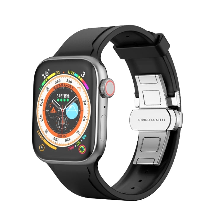 Metal Butterfly Buckle Silicone Watch Band For Apple Watch 9 41mm(Black)
