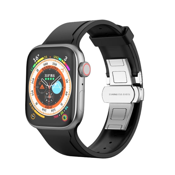 Metal Butterfly Buckle Silicone Watch Band For Apple Watch 9 41mm(Black)