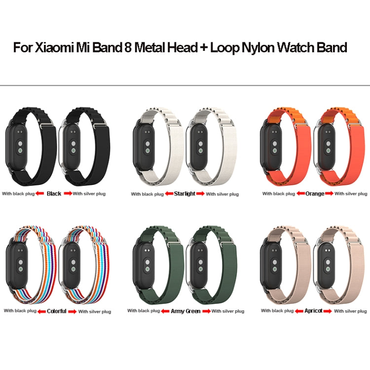 For Xiaomi Mi Band 8 Metal Plug Loop Nylon Watch Band(Silver+Apricot)