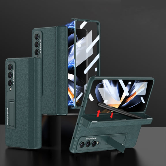 For Samsung Galaxy Z Fold4 GKK Integrated Fold Hinge Leather Phone Case with Holder(Green)