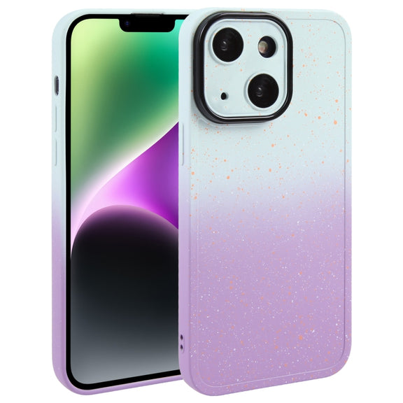 For iPhone 14 Gradient Starry Silicone Phone Case with Lens Film(White Purple)