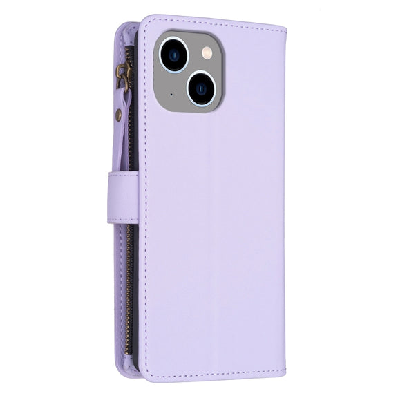 For iPhone 14 / 13 9 Card Slots Zipper Wallet Leather Flip Phone Case(Light Purple)