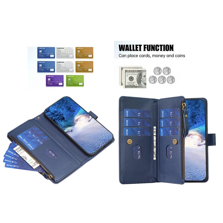 For iPhone 14 Pro Max 9 Card Slots Zipper Wallet Leather Flip Phone Case(Blue)