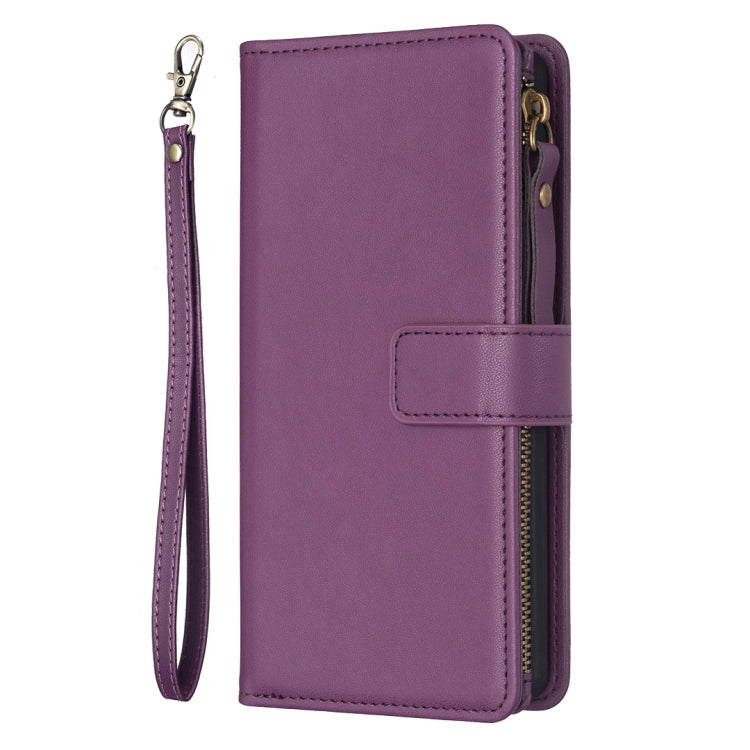 For iPhone 14 Pro 9 Card Slots Zipper Wallet Leather Flip Phone Case(Dark Purple)