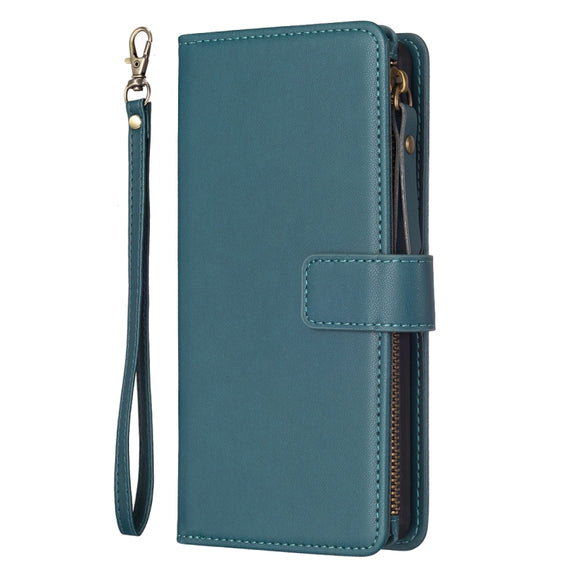 For iPhone 15 Pro Max 9 Card Slots Zipper Wallet Leather Flip Phone Case(Green)