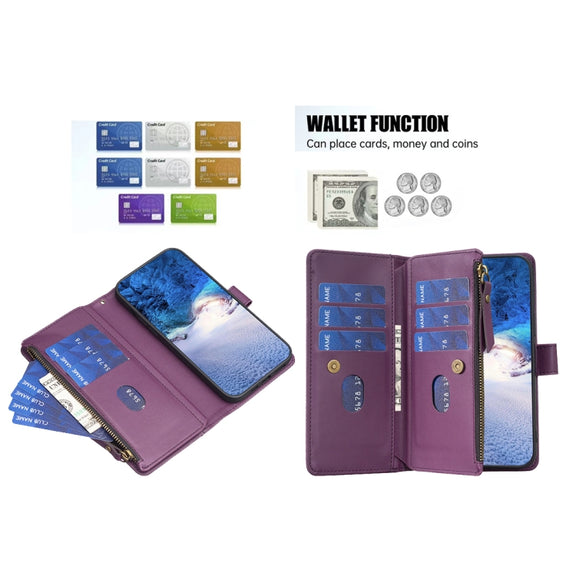For iPhone 15 Pro 9 Card Slots Zipper Wallet Leather Flip Phone Case(Dark Purple)