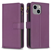 For iPhone 15 Plus 9 Card Slots Zipper Wallet Leather Flip Phone Case(Dark Purple)