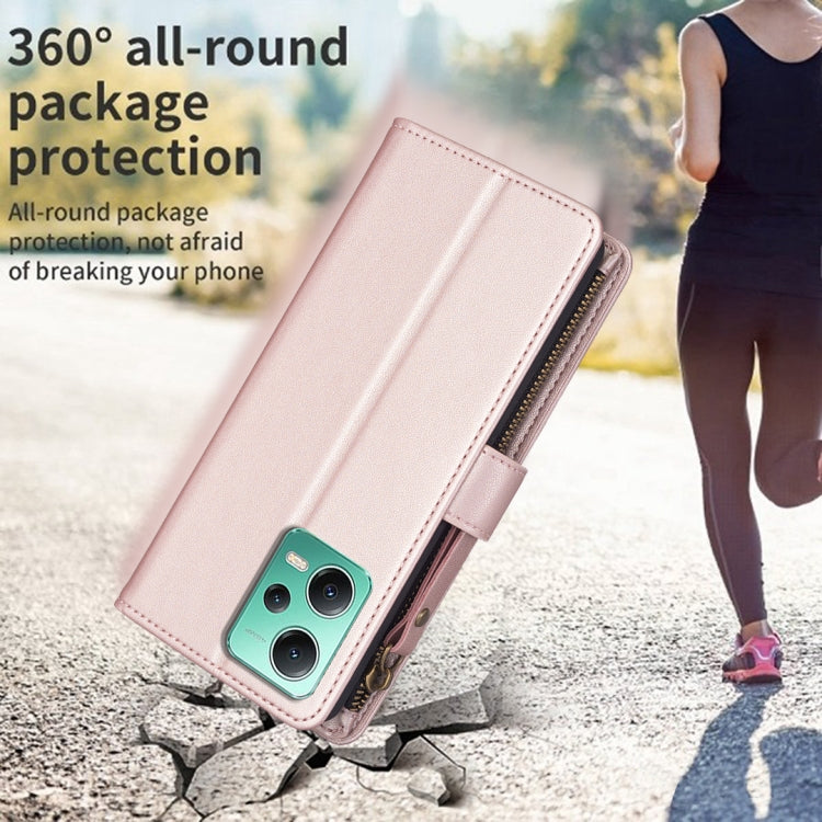 For Xiaomi Redmi Note 12 5G 9 Card Slots Zipper Wallet Leather Flip Phone Case(Rose Gold)