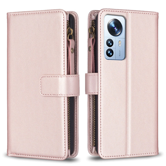 For Xiaomi 12 Pro 9 Card Slots Zipper Wallet Leather Flip Phone Case(Rose Gold)