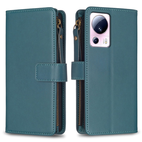 For Xiaomi 13 Lite 9 Card Slots Zipper Wallet Leather Flip Phone Case(Green)
