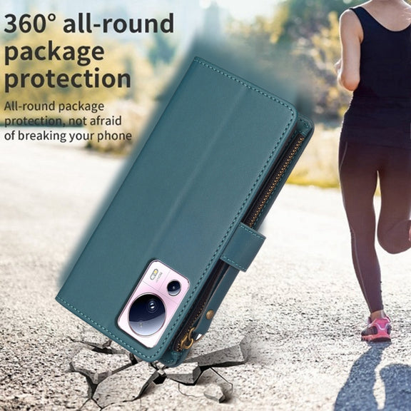 For Xiaomi 13 Lite 9 Card Slots Zipper Wallet Leather Flip Phone Case(Green)