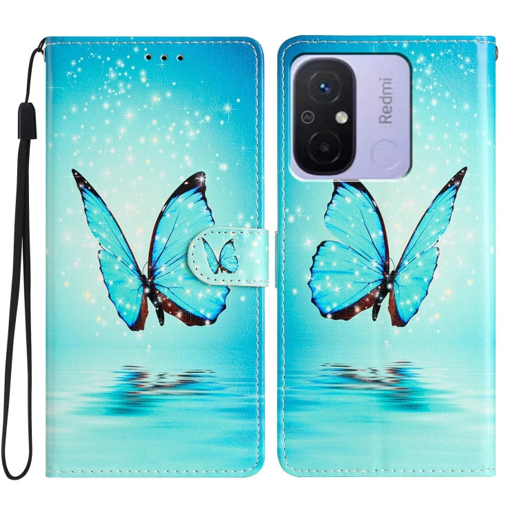 For Xiaomi Redmi 12C Colored Drawing Leather Phone Case(Blue Butterfly)