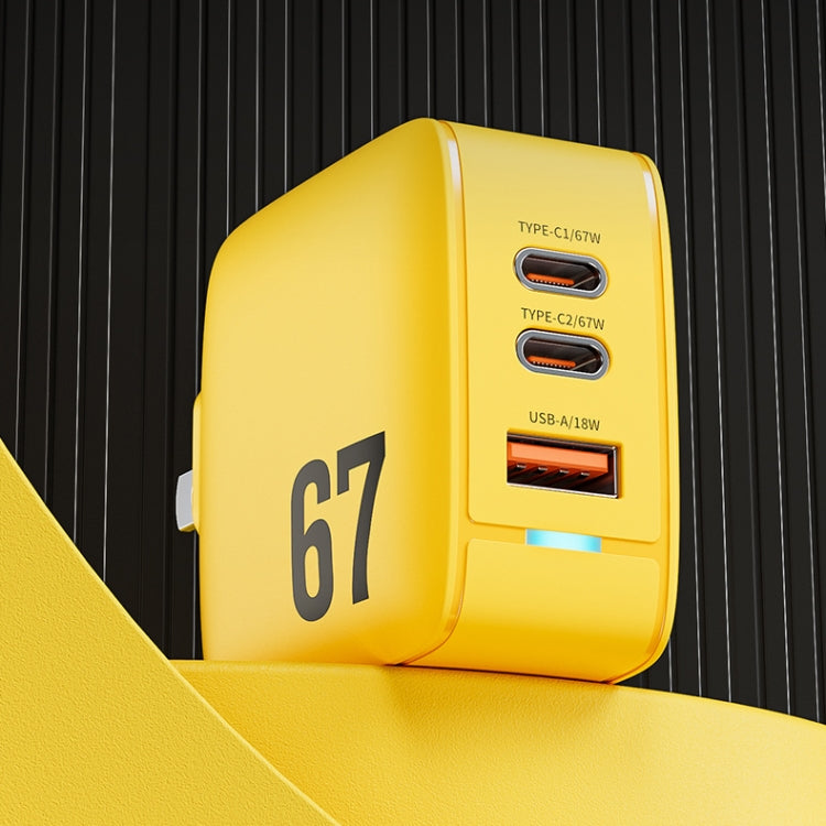 WK WP-U141 67W USB+Double USB-C / Type-C GaN Charger, Plug:EU Plug(Yellow)