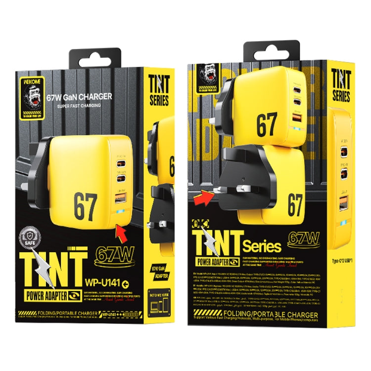 WK WP-U141 67W USB+Double USB-C / Type-C GaN Charger, Plug:UK Plug(Yellow)