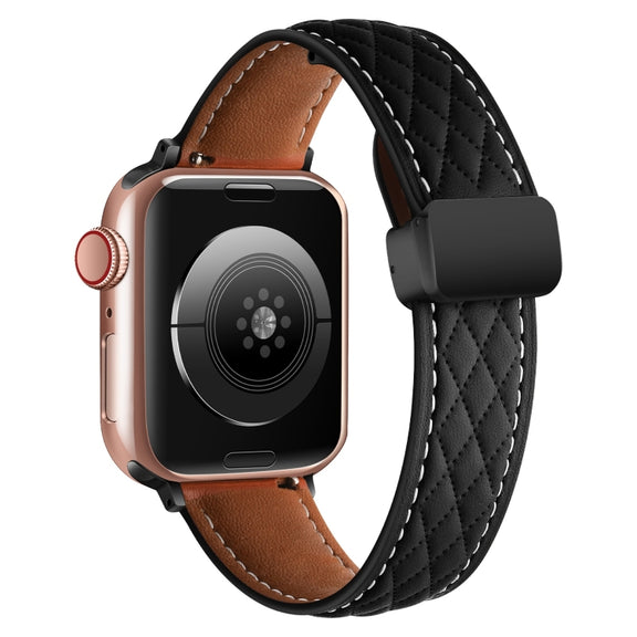 For Apple Watch 7 41mm Folding Buckle Rhombus Leather Watch Band(Black)