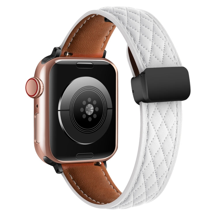For Apple Watch 7 45mm Folding Buckle Rhombus Leather Watch Band(White)