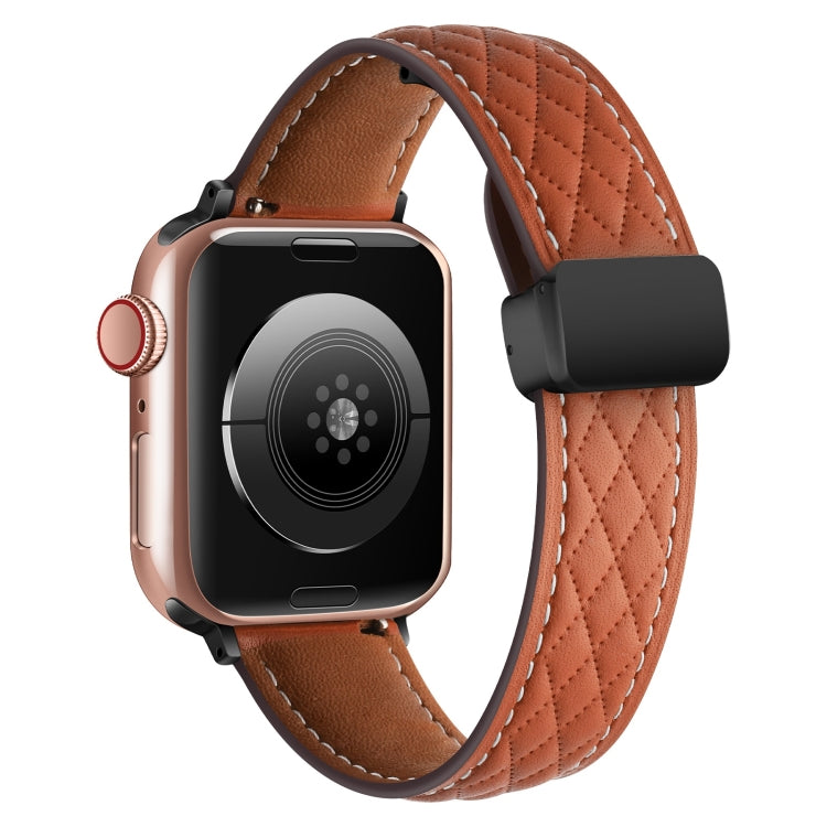 For Apple Watch SE 44mm Folding Buckle Rhombus Leather Watch Band(Brown)