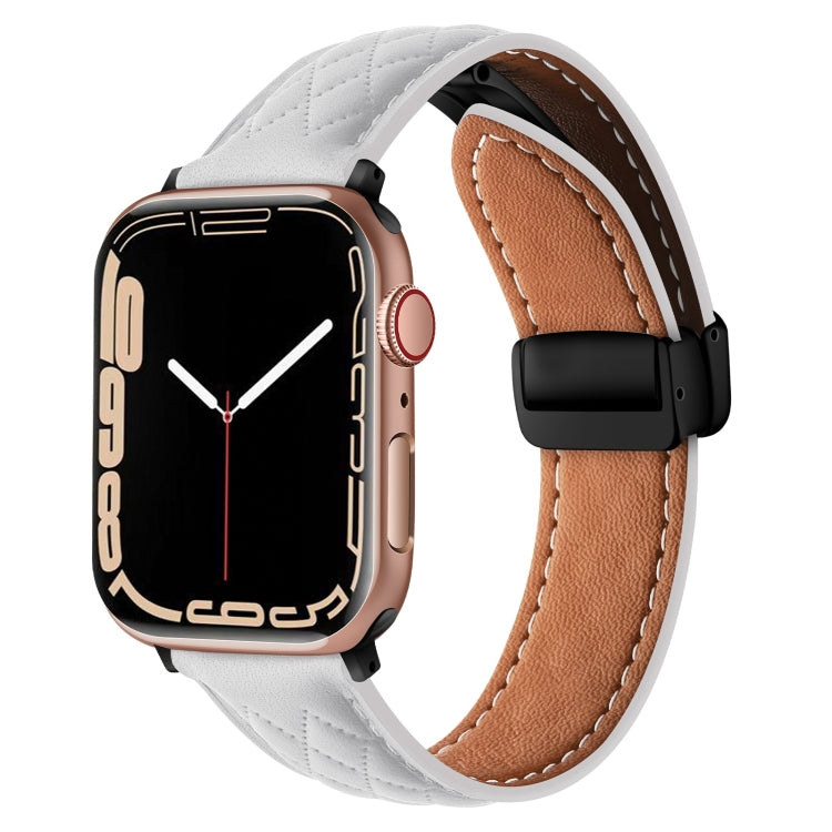 For Apple Watch 5 44mm Folding Buckle Rhombus Leather Watch Band(White)