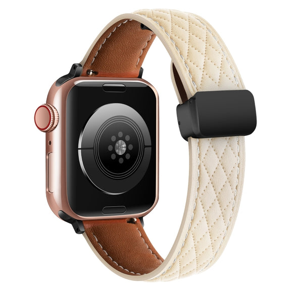 For Apple Watch 4 44mm Folding Buckle Rhombus Leather Watch Band(Starlight)