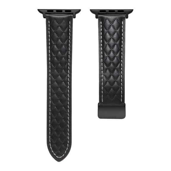 For Apple Watch 2 42mm Folding Buckle Rhombus Leather Watch Band(Black)
