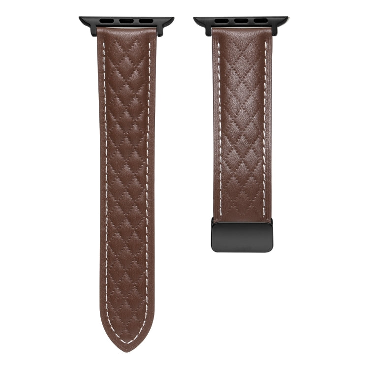 For Apple Watch 9 45mm Folding Buckle Rhombus Leather Watch Band(Coffee)