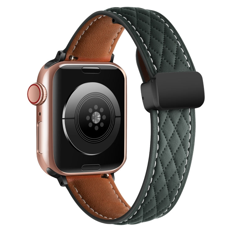 For Apple Watch 9 45mm Folding Buckle Rhombus Leather Watch Band(Green)