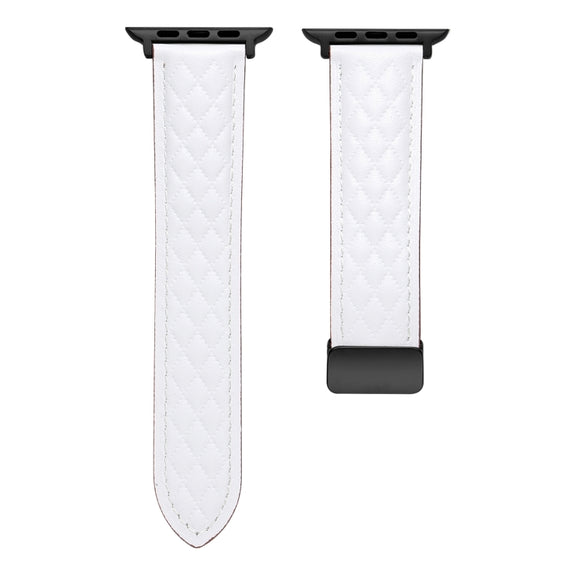 For Apple Watch 9 45mm Folding Buckle Rhombus Leather Watch Band(White)