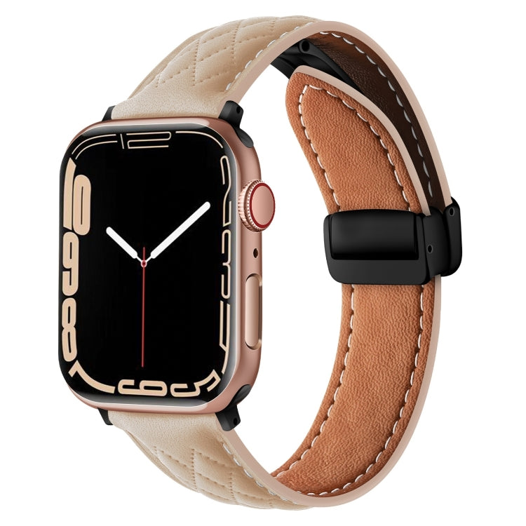 For Apple Watch 9 45mm Folding Buckle Rhombus Leather Watch Band(Apricot)