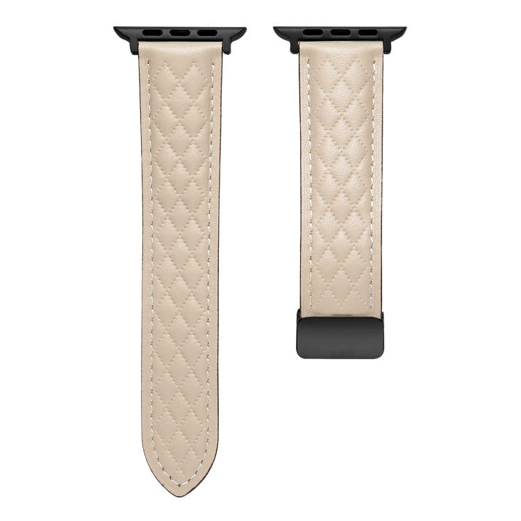 For Apple Watch 9 41mm Folding Buckle Rhombus Leather Watch Band(Apricot)