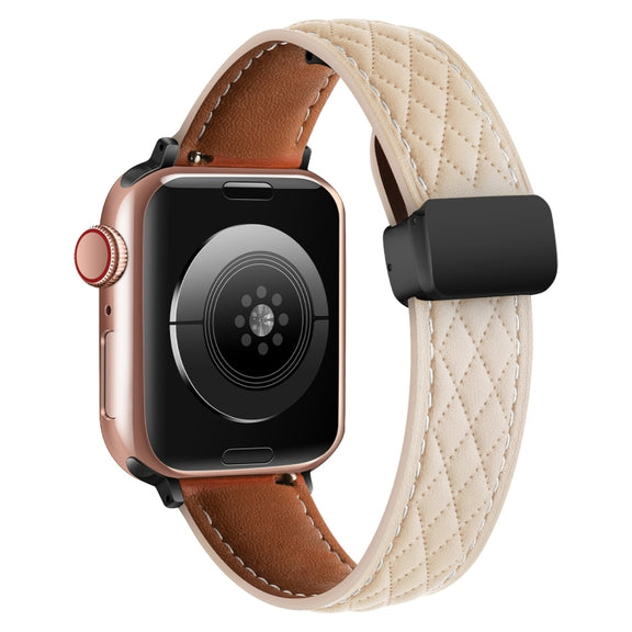 For Apple Watch 9 41mm Folding Buckle Rhombus Leather Watch Band(Apricot)