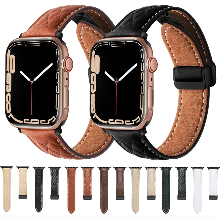 For Apple Watch 9 45mm Folding Buckle Rhombus Leather Watch Band(Coffee)