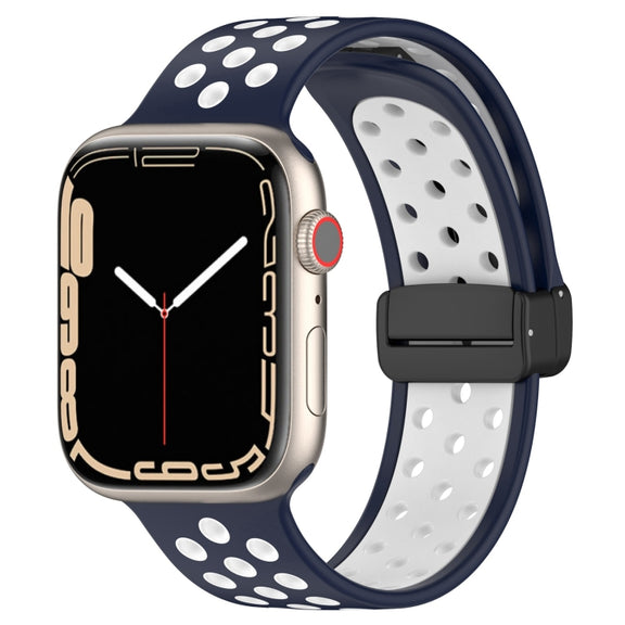 For Apple Watch 8 41mm Magnetic Buckle Silicone Watch Band(Navy White)