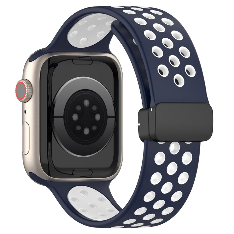 For Apple Watch SE 44mm Magnetic Buckle Silicone Watch Band(Navy White)